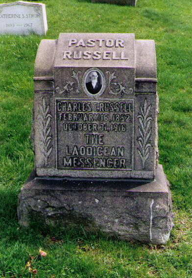 Gravestone of Charles Taze Russell, the founder of the Jehovah's Witnesses and the Watchtower Society.